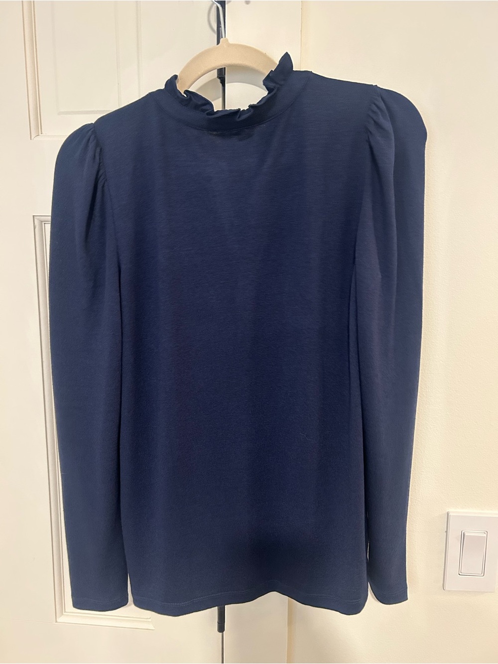 LOFT Navy Ruffle Collar Long Sleeve Henley - Picture 2 of 7